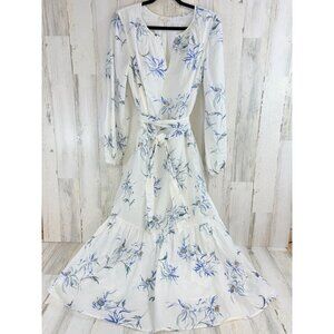 Ann Mashburn Sz M Aba Maxi Dress White Blue Floral Linen Cotolino EUC